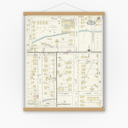 Old map wall art mockup — magnetic wood frame on white wall — Sanborn Fire Insurance Map from Jacksonville, Morgan County, Illinois (1914), Sheet #0026