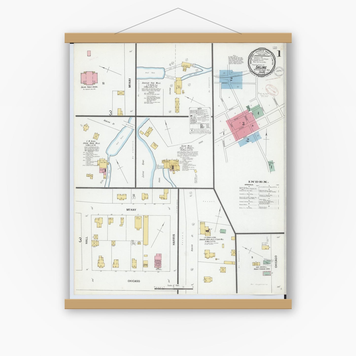 Old map wall art mockup — magnetic wood frame on white wall — Sanborn Fire Insurance Map from Saline, Washtenaw County, Michigan (1899) - Complete Map Set