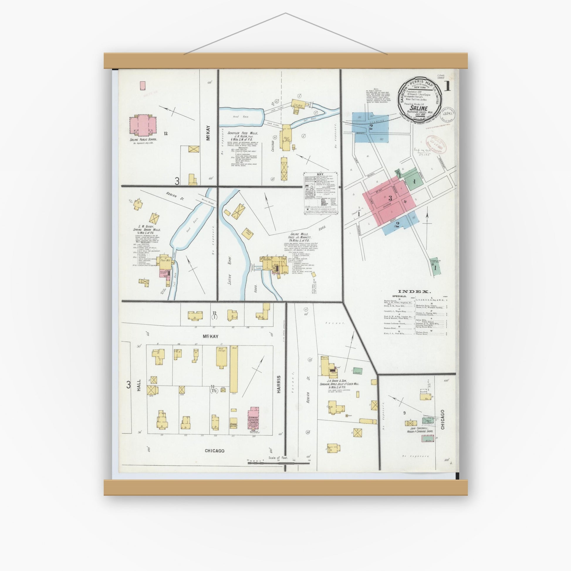 Old map wall art mockup — magnetic wood frame on white wall — Sanborn Fire Insurance Map from Saline, Washtenaw County, Michigan (1899) - Complete Map Set