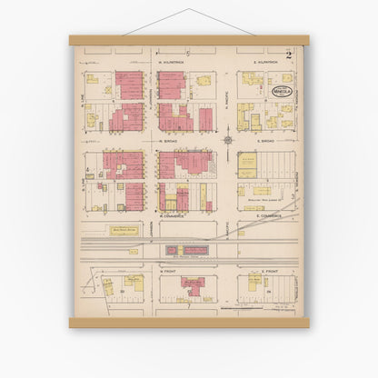 Old map wall art mockup — magnetic wood frame on white wall — Sanborn Fire Insurance Map from Mineola, Wood County, Texas (1922), Sheet #0002