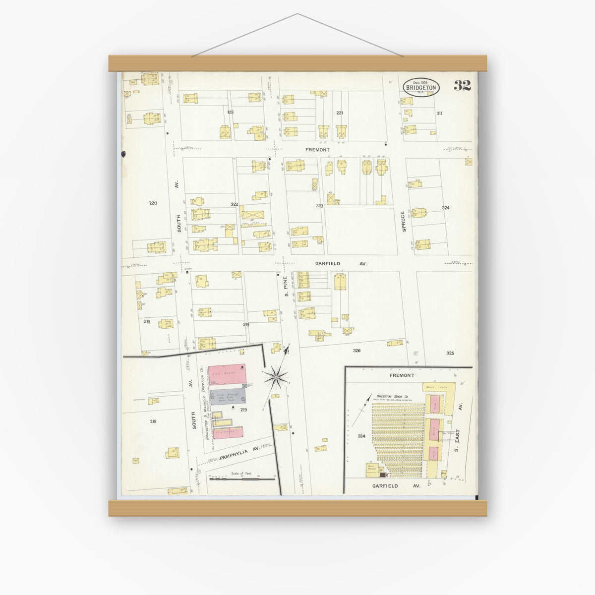 Old map wall art mockup — magnetic wood frame on white wall — Sanborn Fire Insurance Map from Bridgeton, Cumberland County, New Jersey (1908), Sheet #0032