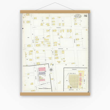 Old map wall art mockup — magnetic wood frame on white wall — Sanborn Fire Insurance Map from Bridgeton, Cumberland County, New Jersey (1908), Sheet #0032