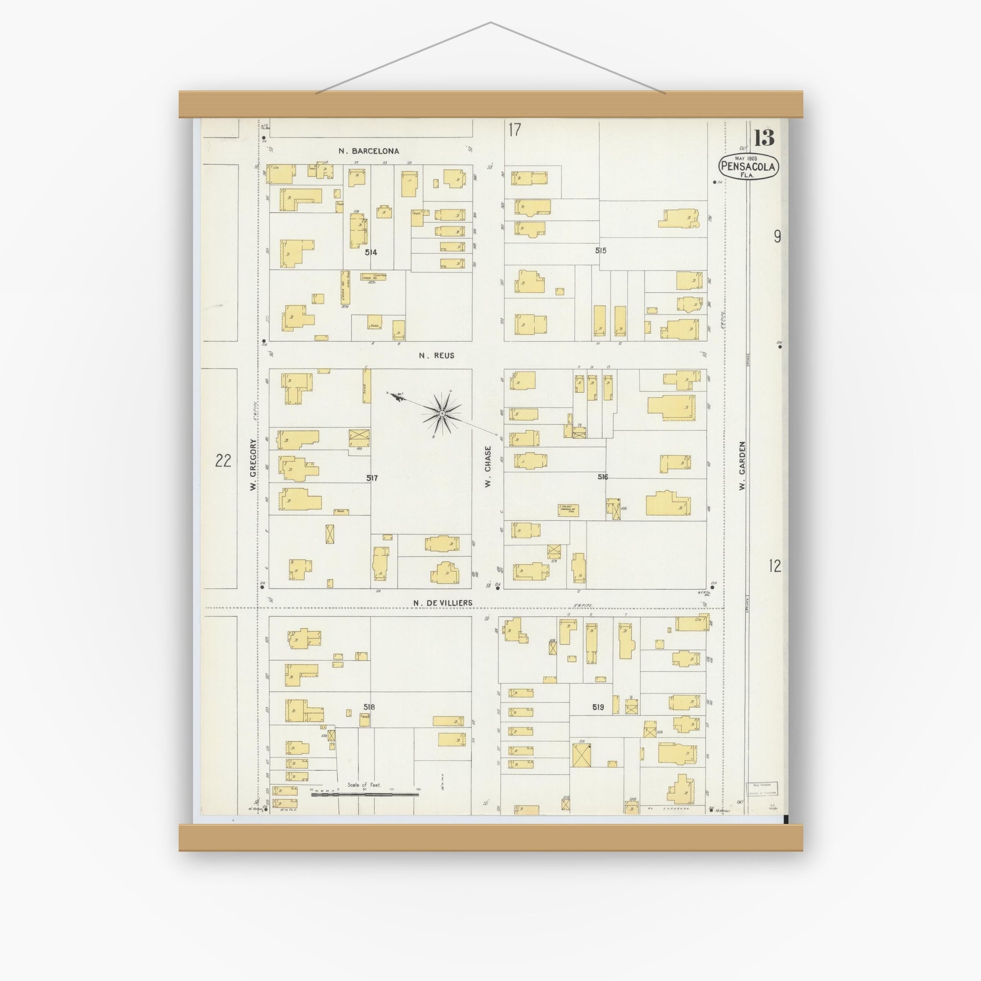 Old map wall art mockup — magnetic wood frame on white wall — Sanborn Fire Insurance Map from Pensacola, Escambia County, Florida (1903), Sheet #0013
