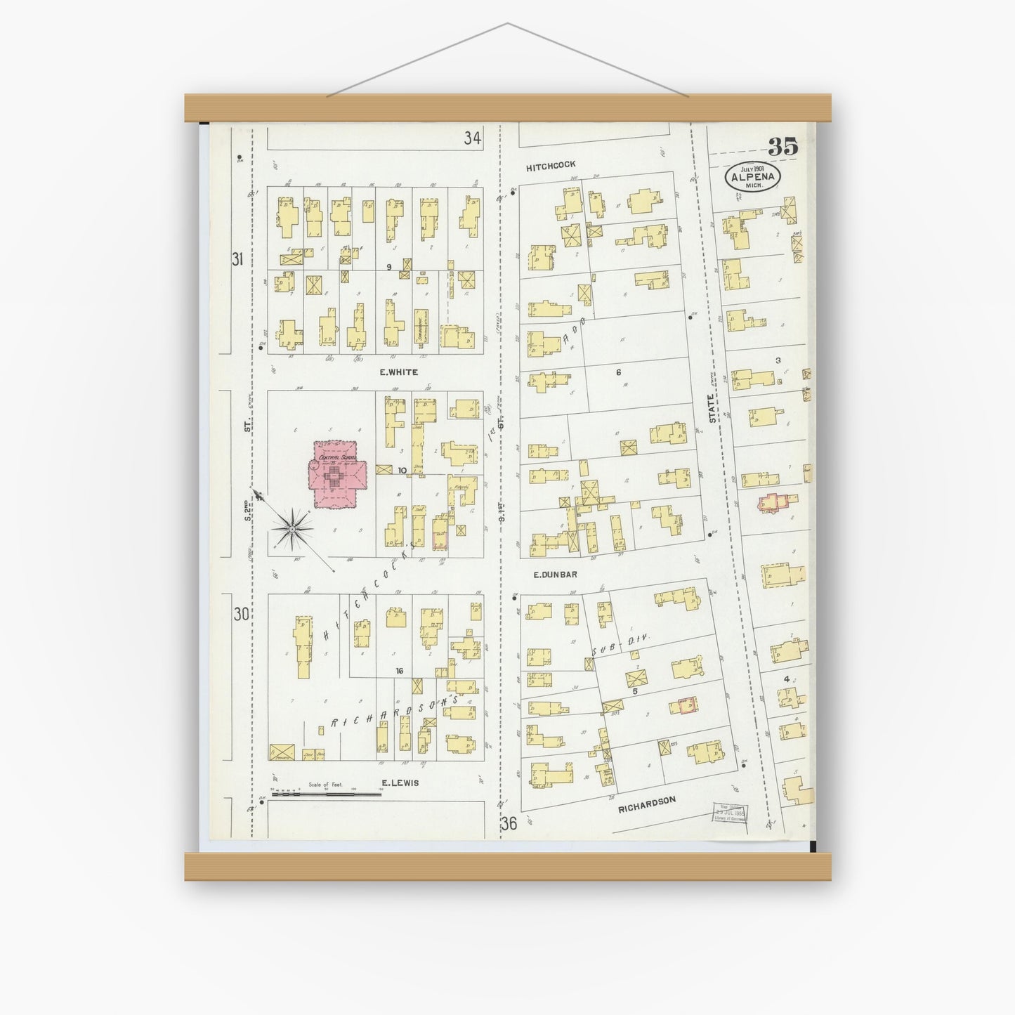 Old map wall art mockup — magnetic wood frame on white wall — Sanborn Fire Insurance Map from Alpena, Alpena County, Michigan (1901), Sheet #0035