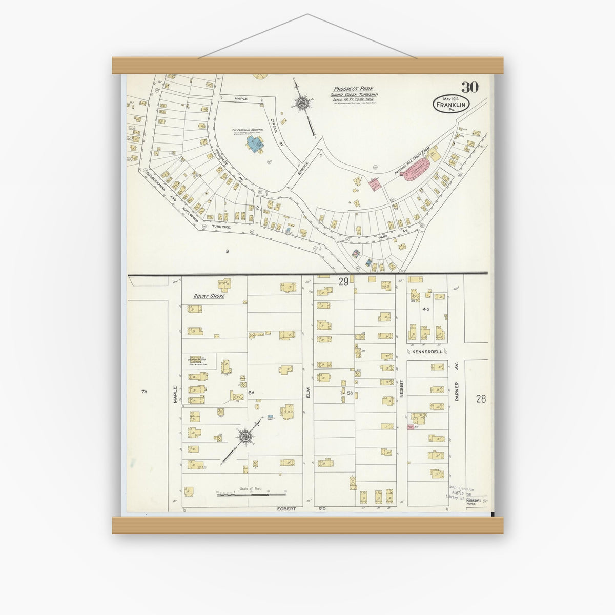 Old map wall art mockup — magnetic wood frame on white wall — Sanborn Fire Insurance Map from Franklin, Venango County, Pennsylvania (1912), Sheet #0030