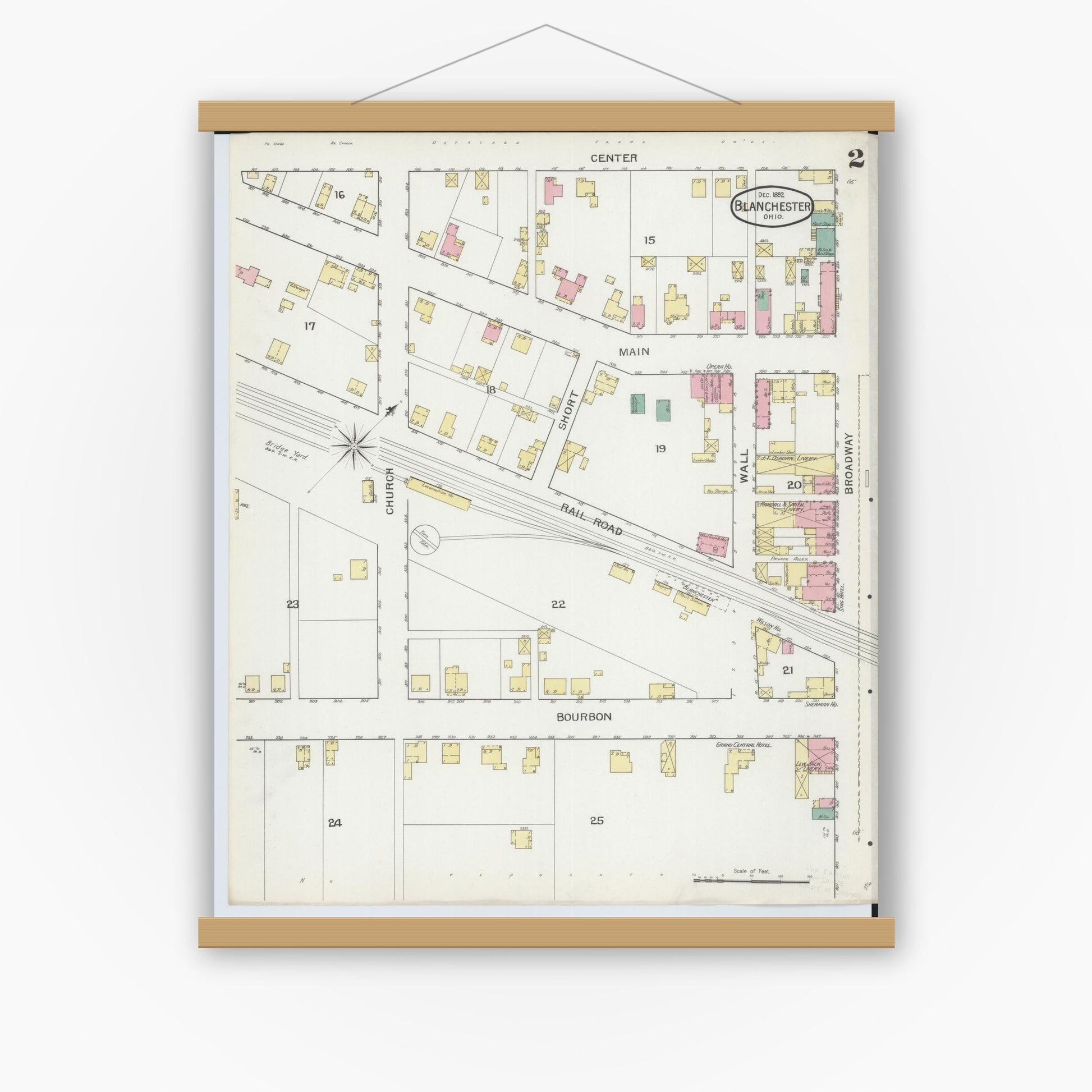 Old map wall art mockup — magnetic wood frame on white wall — Sanborn Fire Insurance Map from Blanchester, Clinton County, Ohio (1892), Sheet #0002