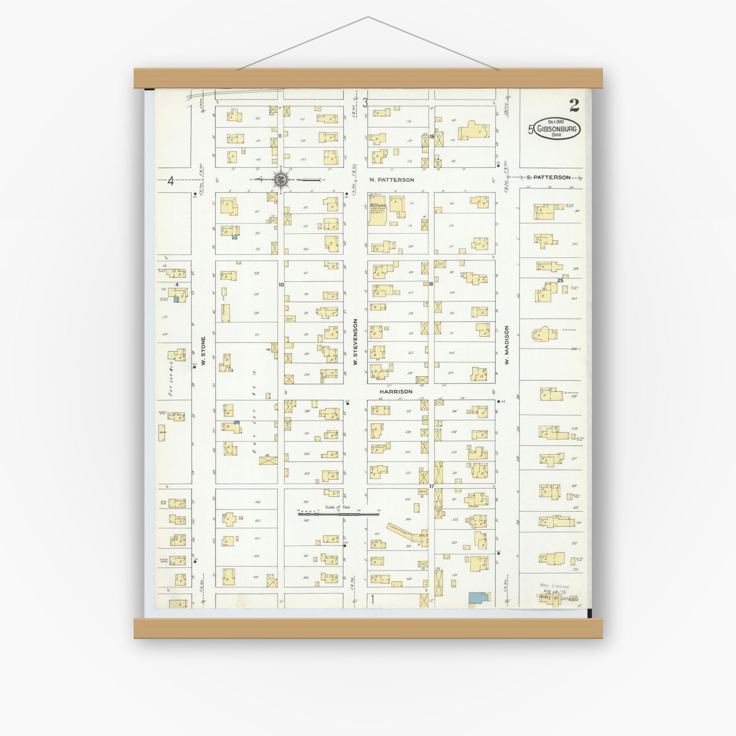 Old map wall art mockup — magnetic wood frame on white wall — Sanborn Fire Insurance Map from Gibsonburg, Sandusky County, Ohio (1910), Sheet #0002