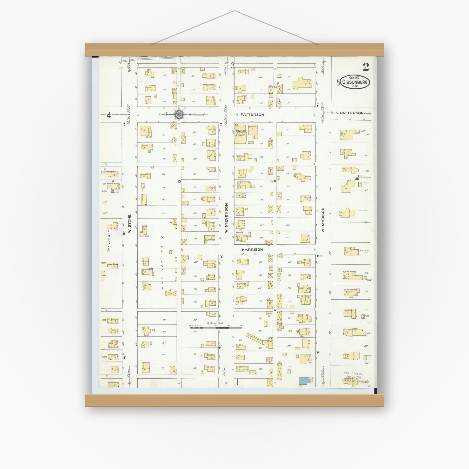 Old map wall art mockup — magnetic wood frame on white wall — Sanborn Fire Insurance Map from Gibsonburg, Sandusky County, Ohio (1910), Sheet #0002