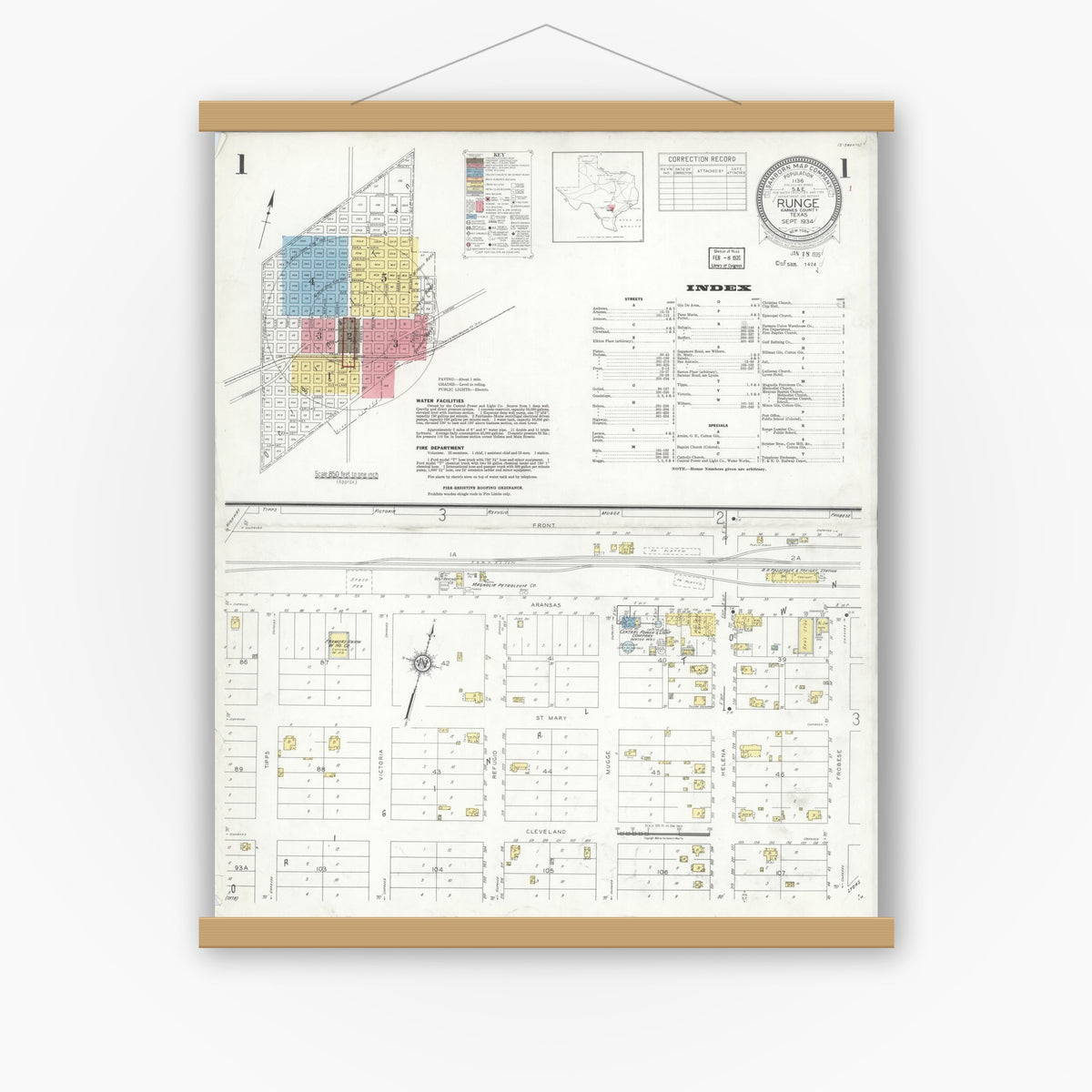 Old map wall art mockup — magnetic wood frame on white wall — Sanborn Fire Insurance Map from Runge, Karnes County, Texas (1934), Sheet #0001