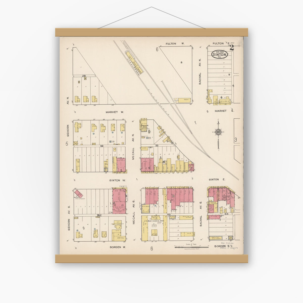 Old map wall art mockup — magnetic wood frame on white wall — Sanborn Fire Insurance Map from Sinton, San Patricio County, Texas (1922), Sheet #0002