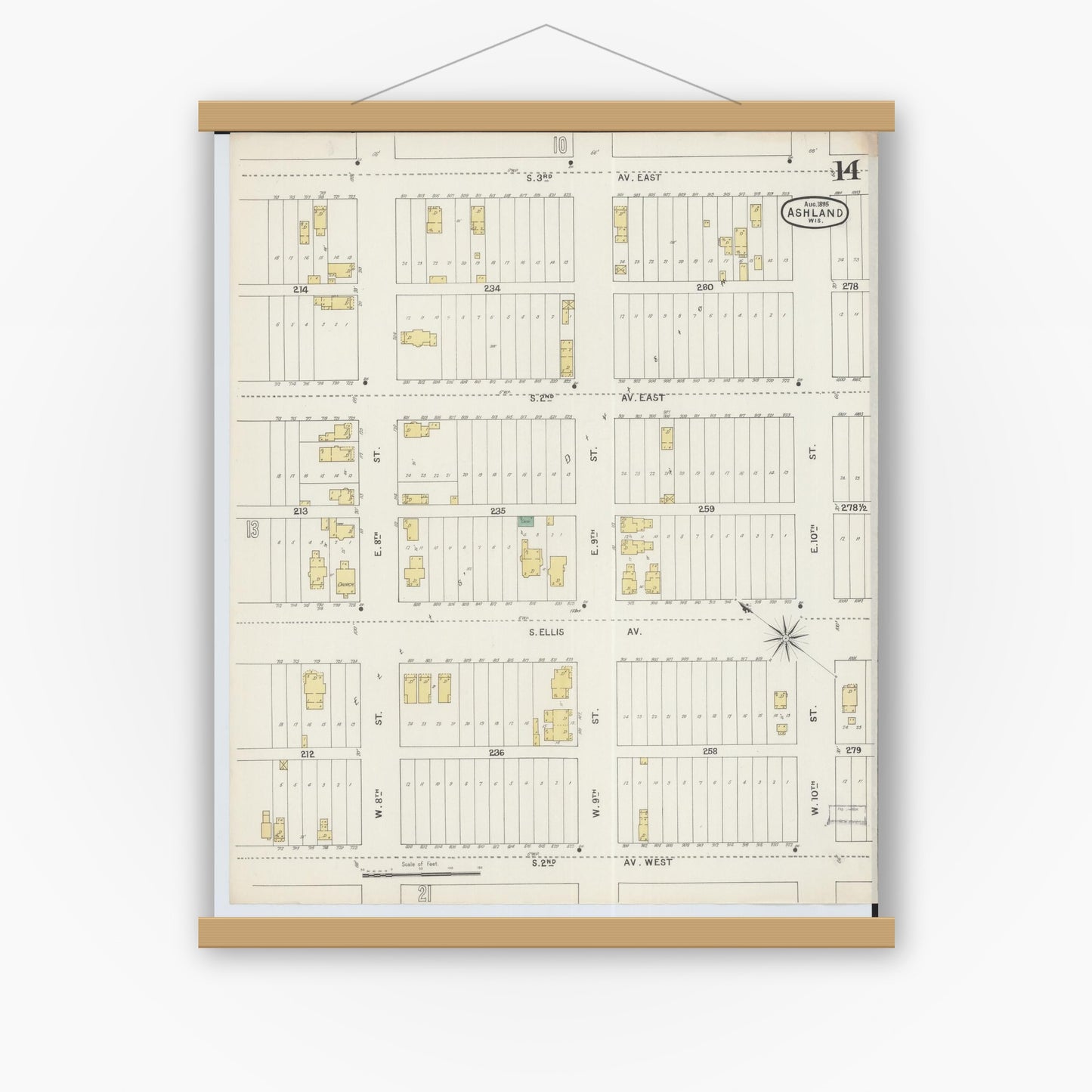 Old map wall art mockup — magnetic wood frame on white wall — Sanborn Fire Insurance Map from Ashland, Ashland County, Wisconsin (1895), Sheet #0014