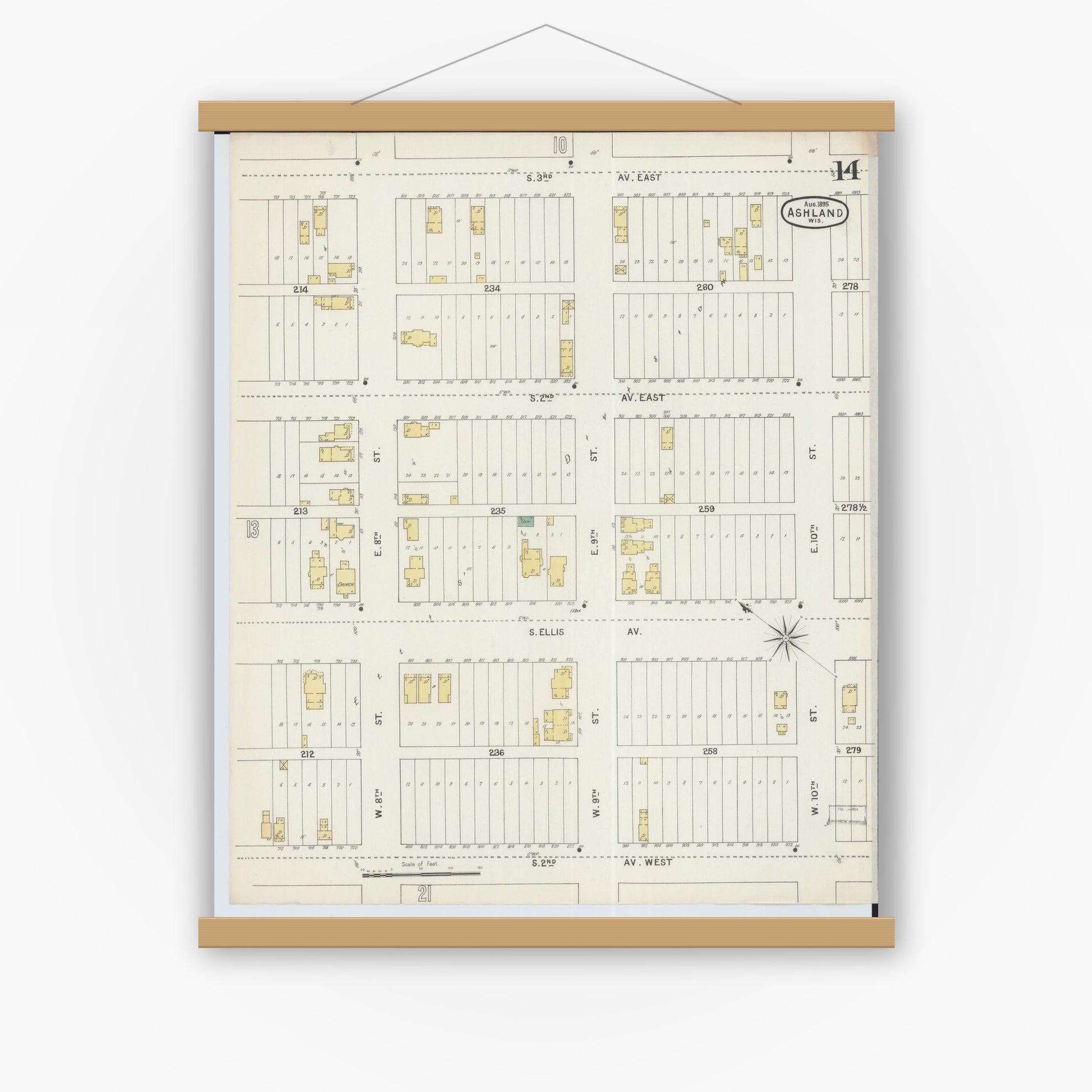 Old map wall art mockup — magnetic wood frame on white wall — Sanborn Fire Insurance Map from Ashland, Ashland County, Wisconsin (1895), Sheet #0014