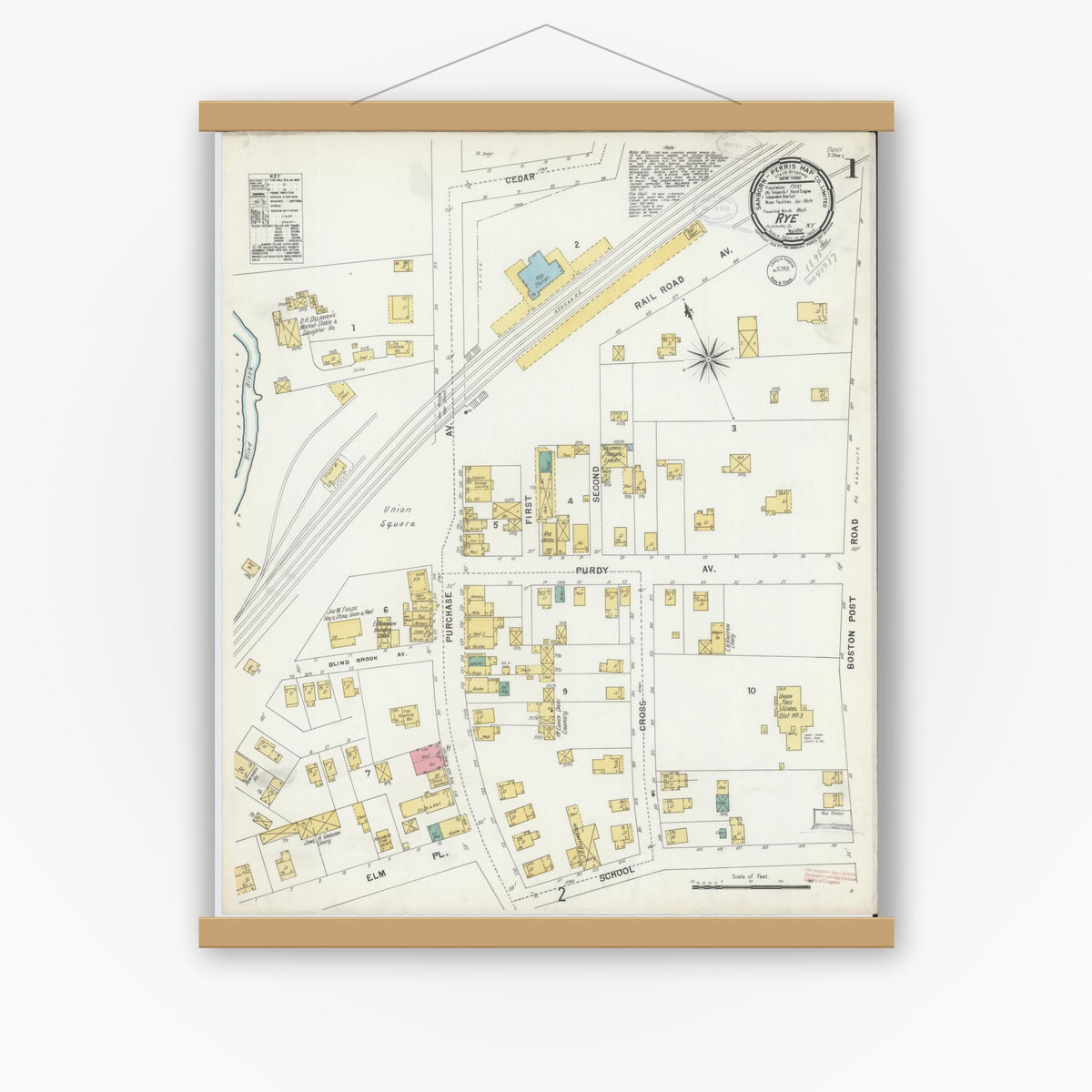 Old map wall art mockup — magnetic wood frame on white wall — Sanborn Fire Insurance Map from Rye, Westchester County, New York (1898) - Complete Map Set