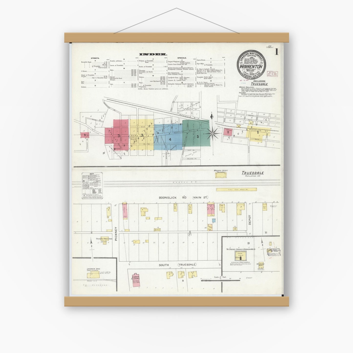 Old map wall art mockup — magnetic wood frame on white wall — Sanborn Fire Insurance Map from Warrenton, Warren County, Missouri (1909) - Complete Map Set