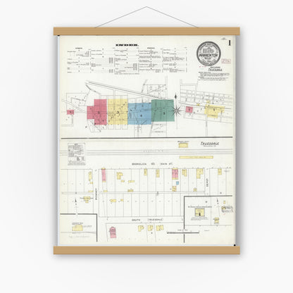 Old map wall art mockup — magnetic wood frame on white wall — Sanborn Fire Insurance Map from Warrenton, Warren County, Missouri (1909) - Complete Map Set