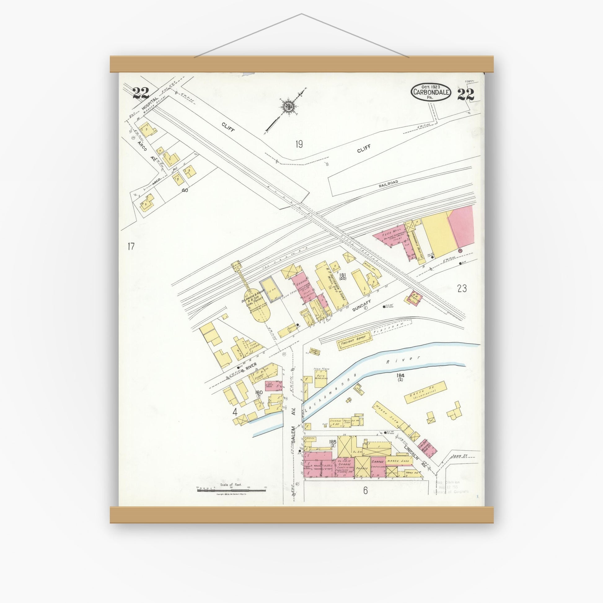 Old map wall art mockup — magnetic wood frame on white wall — Sanborn Fire Insurance Map from Carbondale, Lackawanna County, Pennsylvania (1923), Sheet #0022