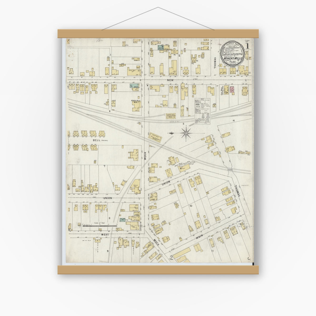 Old map wall art mockup — magnetic wood frame on white wall — Sanborn Fire Insurance Map from Miners Mills, Luzerne County, Pennsylvania (1897) - Complete Map Set