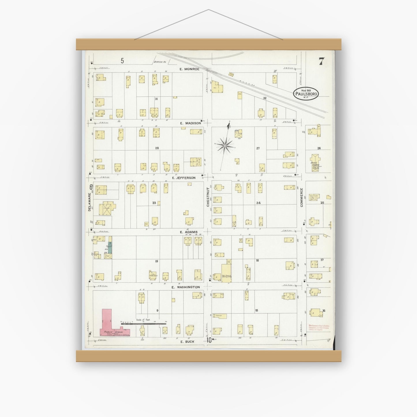 Old map wall art mockup — magnetic wood frame on white wall — Sanborn Fire Insurance Map from Paulsboro, Gloucester County, New Jersey (1909), Sheet #0007