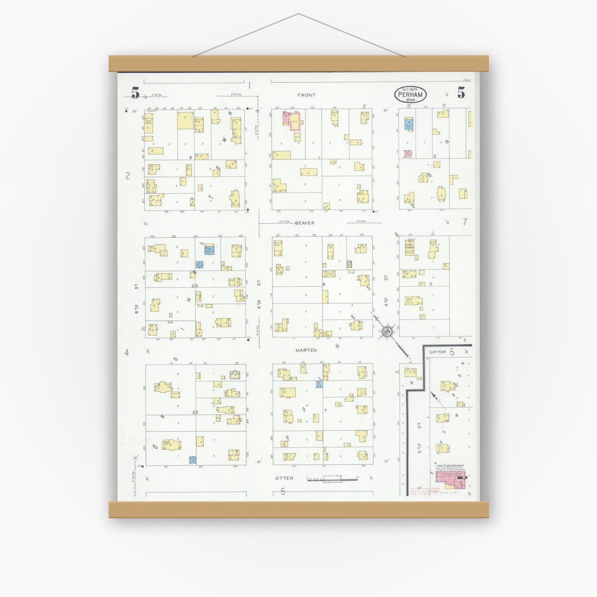 Old map wall art mockup — magnetic wood frame on white wall — Sanborn Fire Insurance Map from Perham, Otter Tail County, Minnesota (1929), Sheet #0005