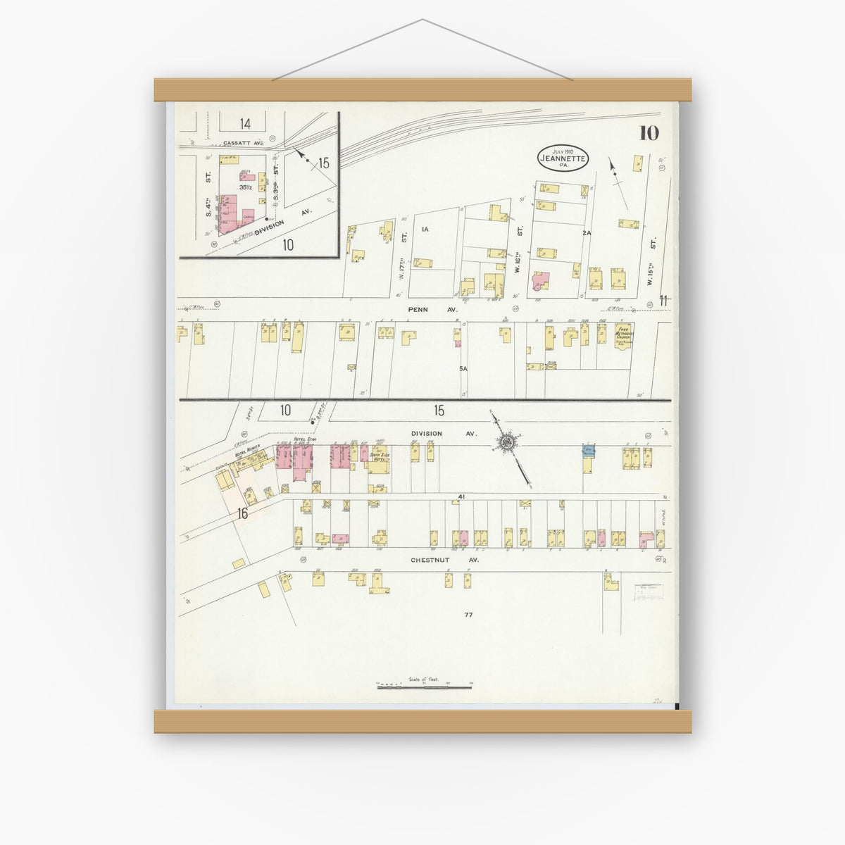Old map wall art mockup — magnetic wood frame on white wall — Sanborn Fire Insurance Map from Jeannette, Westmoreland County, Pennsylvania (1910), Sheet #0010