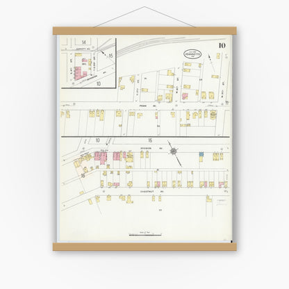 Old map wall art mockup — magnetic wood frame on white wall — Sanborn Fire Insurance Map from Jeannette, Westmoreland County, Pennsylvania (1910), Sheet #0010