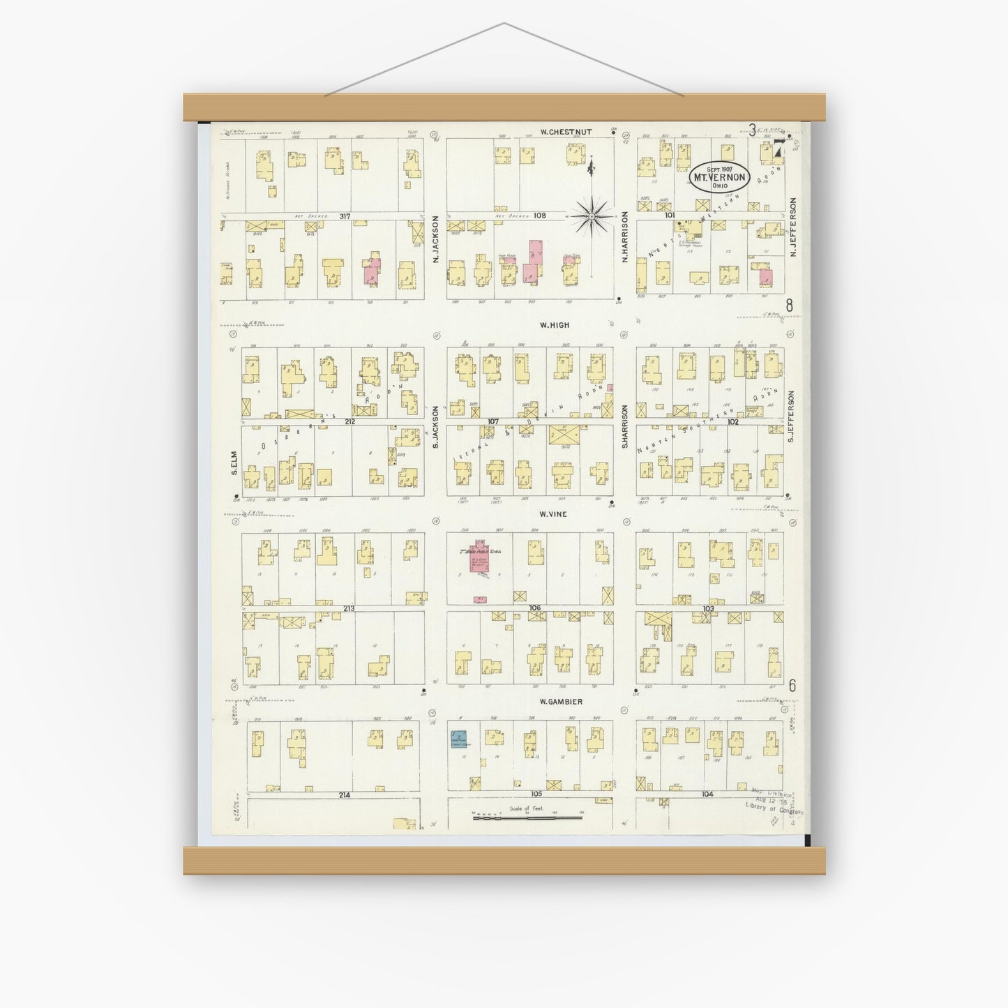 Old map wall art mockup — magnetic wood frame on white wall — Sanborn Fire Insurance Map from Mount Vernon, Knox County, Ohio (1907), Sheet #0007