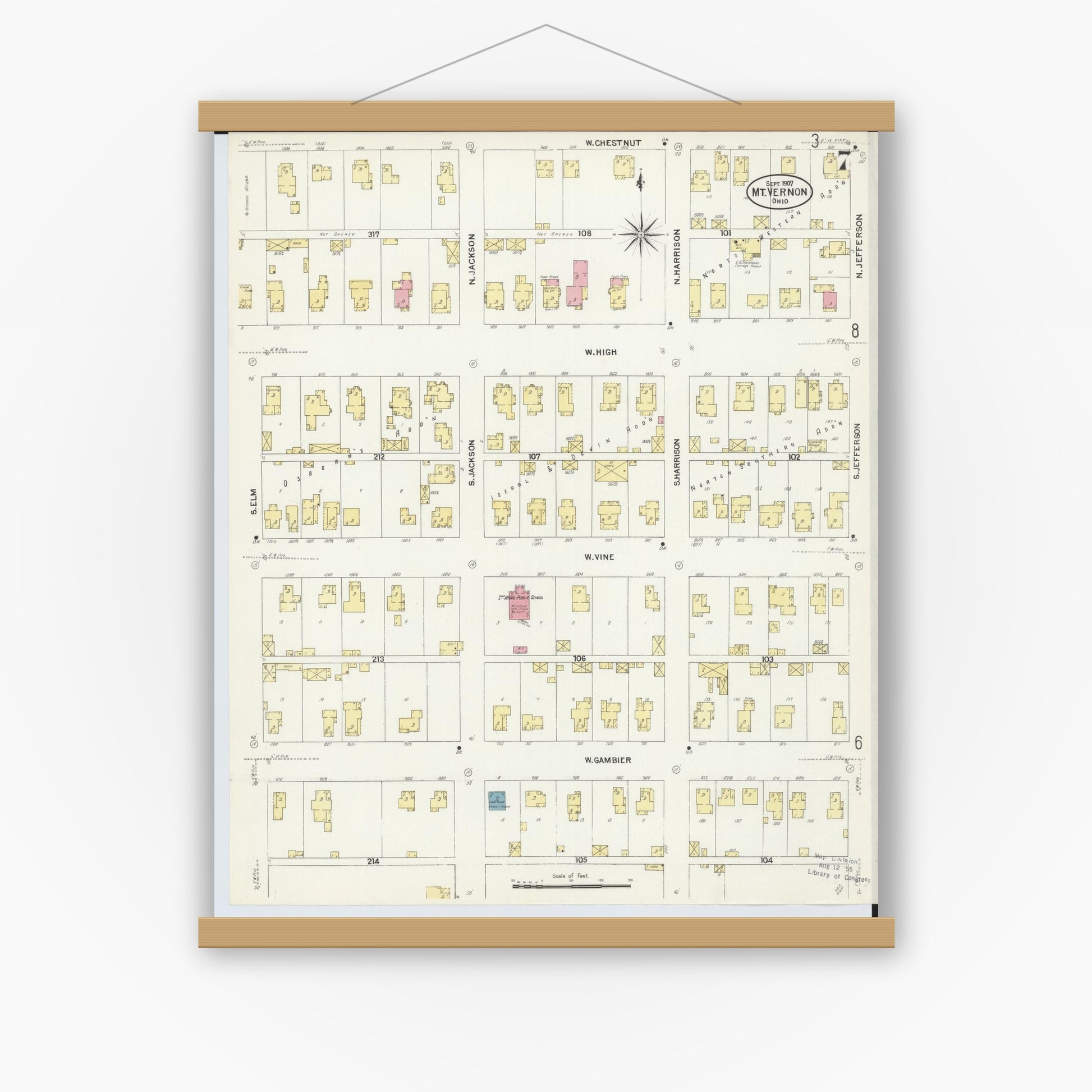 Old map wall art mockup — magnetic wood frame on white wall — Sanborn Fire Insurance Map from Mount Vernon, Knox County, Ohio (1907), Sheet #0007
