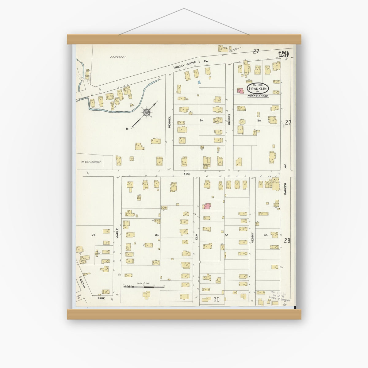 Old map wall art mockup — magnetic wood frame on white wall — Sanborn Fire Insurance Map from Franklin, Venango County, Pennsylvania (1912), Sheet #0029