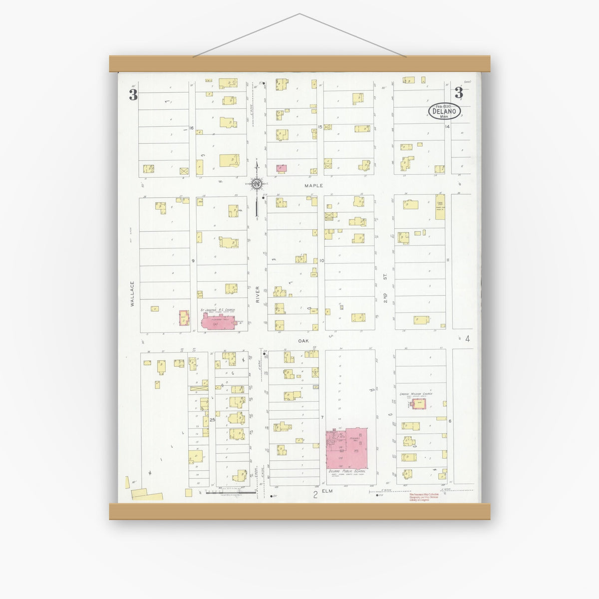 Old map wall art mockup — magnetic wood frame on white wall — Sanborn Fire Insurance Map from Delano, Wright County, Minnesota (1930), Sheet #0003