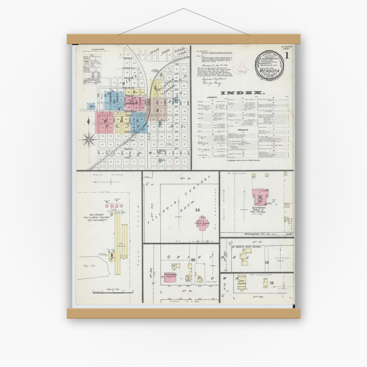 Old map wall art mockup — magnetic wood frame on white wall — Sanborn Fire Insurance Map from Mendota, La Salle County, Illinois (1891) - Complete Map Set