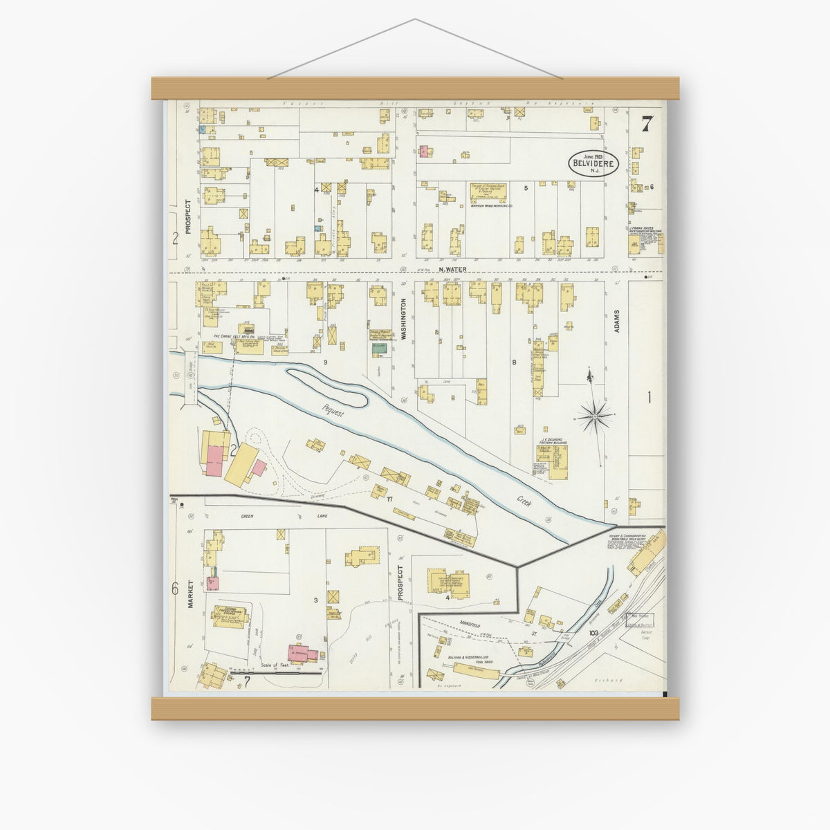 Old map wall art mockup — magnetic wood frame on white wall — Sanborn Fire Insurance Map from Belvidere, Warren County, New Jersey (1903), Sheet #0007