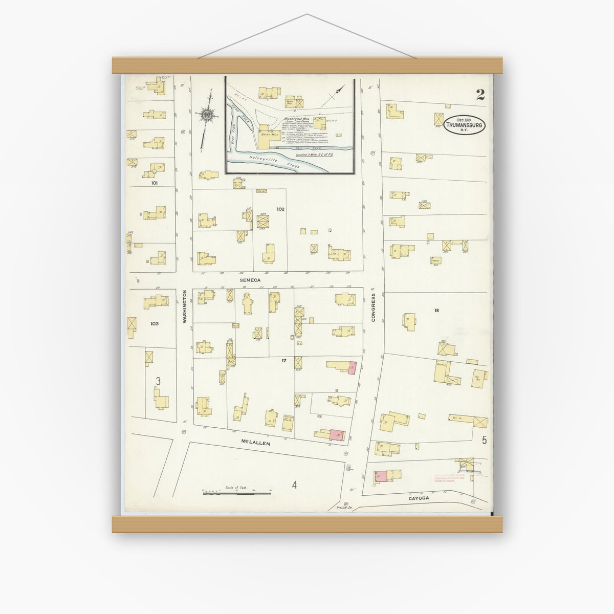 Old map wall art mockup — magnetic wood frame on white wall — Sanborn Fire Insurance Map from Trumansburg, Tompkins County, New York (1910), Sheet #0002