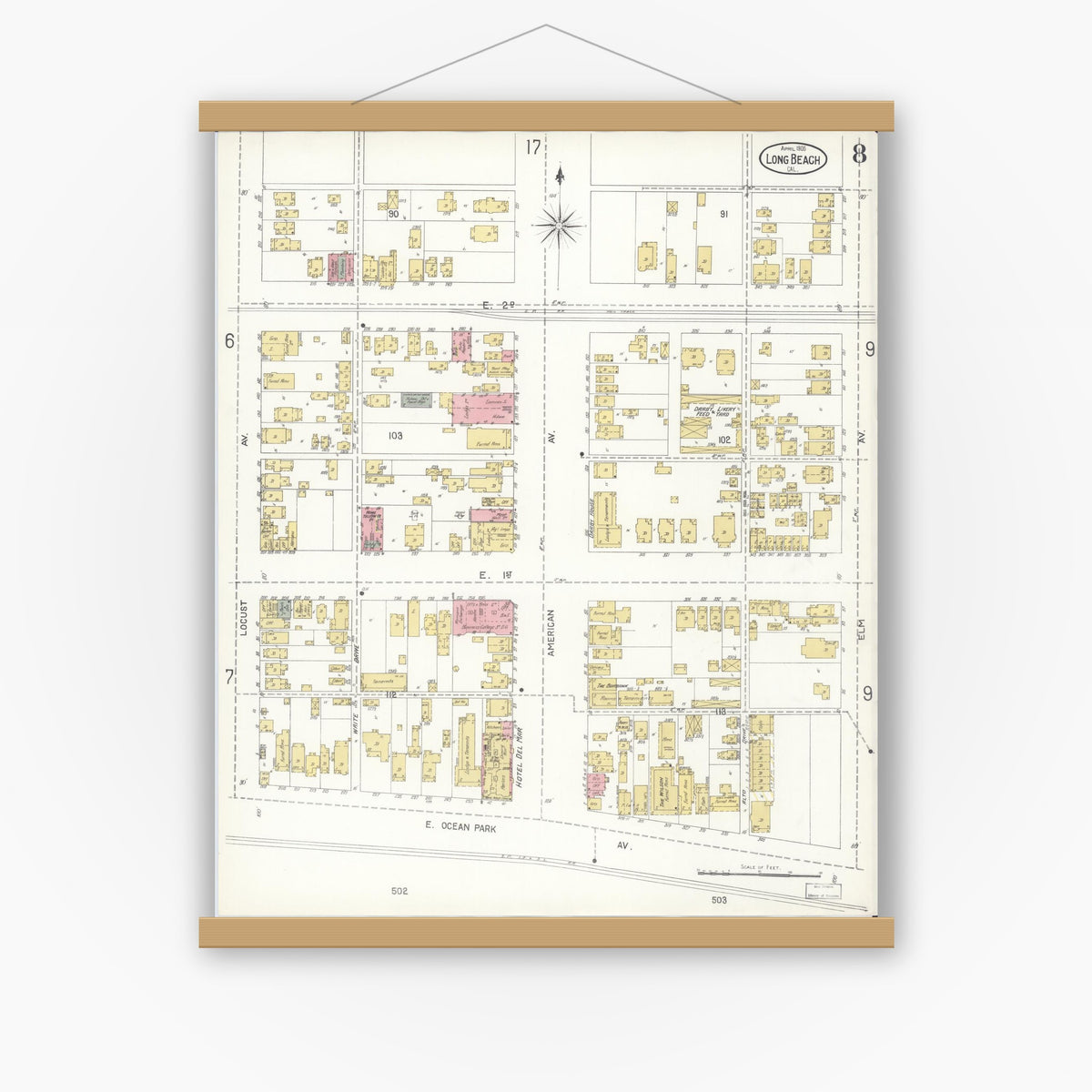 Old map wall art mockup — magnetic wood frame on white wall — Sanborn Fire Insurance Map from Long Beach, Los Angeles County, California (1905), Sheet #0008