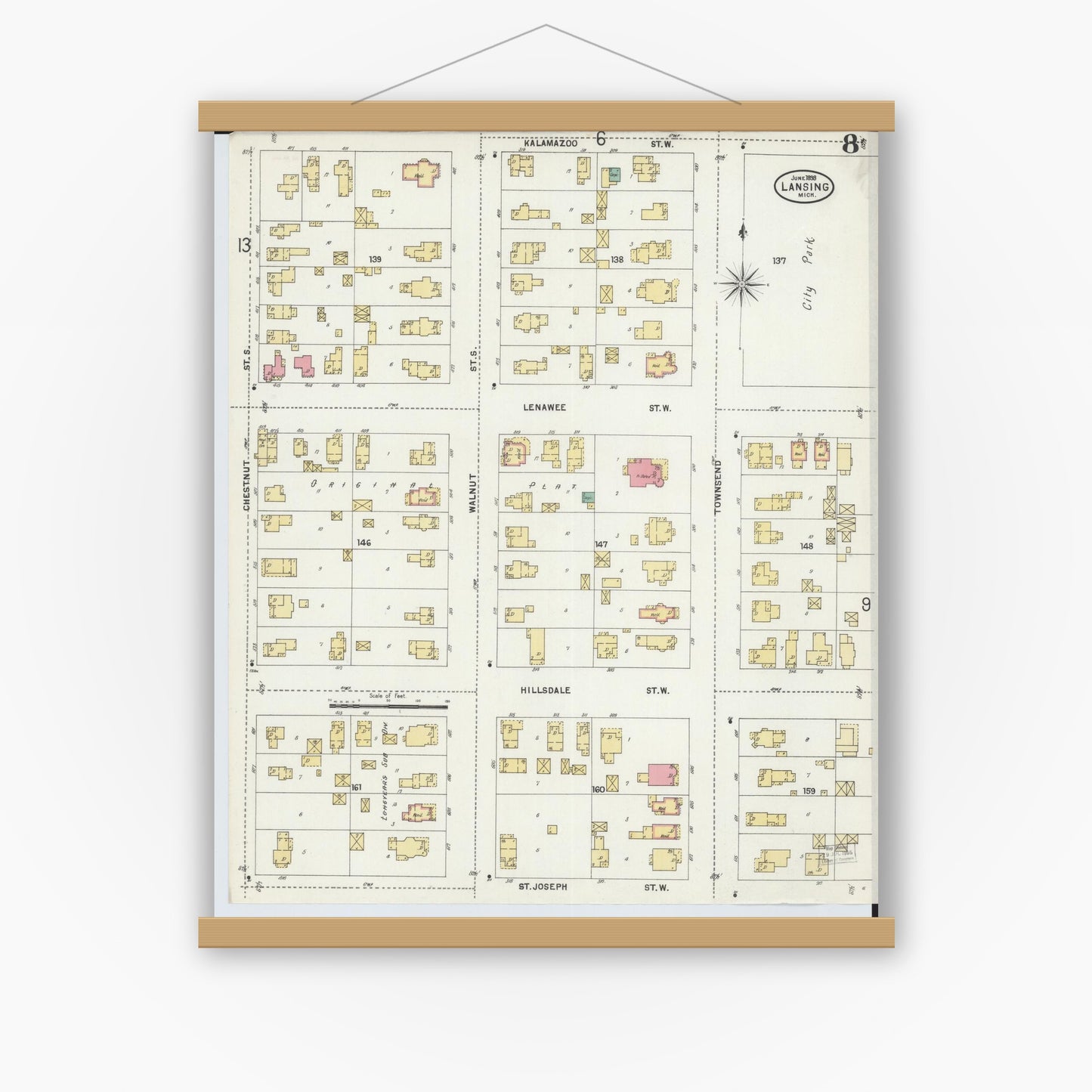 Old map wall art mockup — magnetic wood frame on white wall — Sanborn Fire Insurance Map from Lansing, Ingham County, Michigan (1898), Sheet #0008