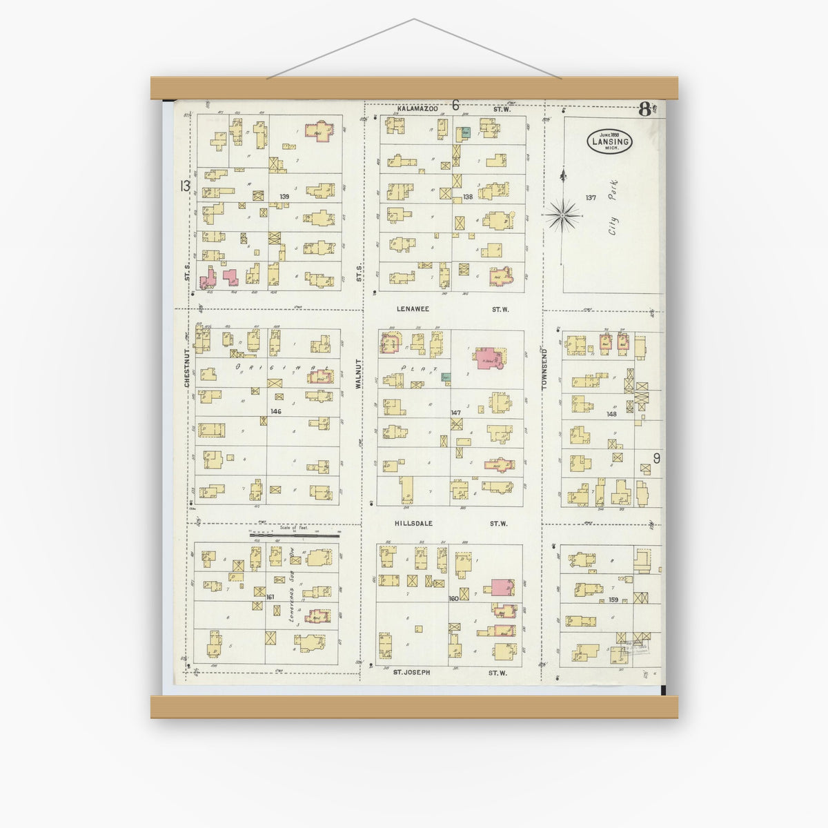 Old map wall art mockup — magnetic wood frame on white wall — Sanborn Fire Insurance Map from Lansing, Ingham County, Michigan (1898), Sheet #0008