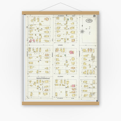 Old map wall art mockup — magnetic wood frame on white wall — Sanborn Fire Insurance Map from Lansing, Ingham County, Michigan (1898), Sheet #0008
