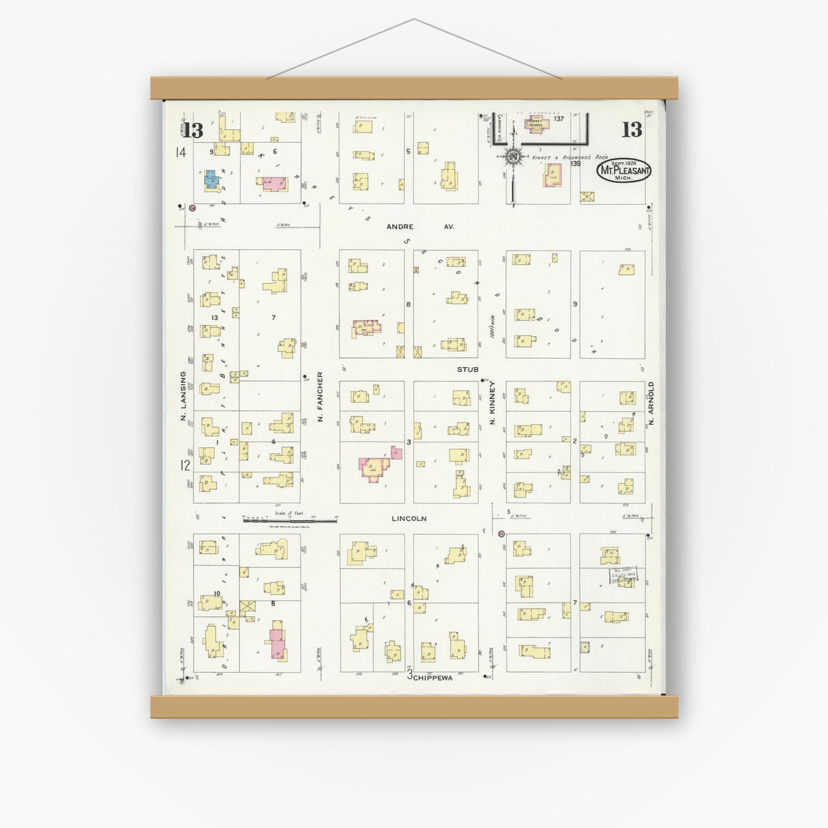 Old map wall art mockup — magnetic wood frame on white wall — Sanborn Fire Insurance Map from Mount Pleasant, Isabella County, Michigan (1924), Sheet #0013