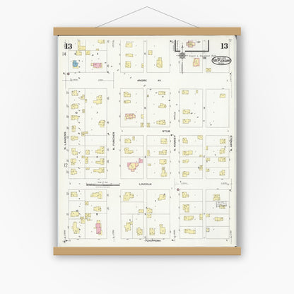 Old map wall art mockup — magnetic wood frame on white wall — Sanborn Fire Insurance Map from Mount Pleasant, Isabella County, Michigan (1924), Sheet #0013