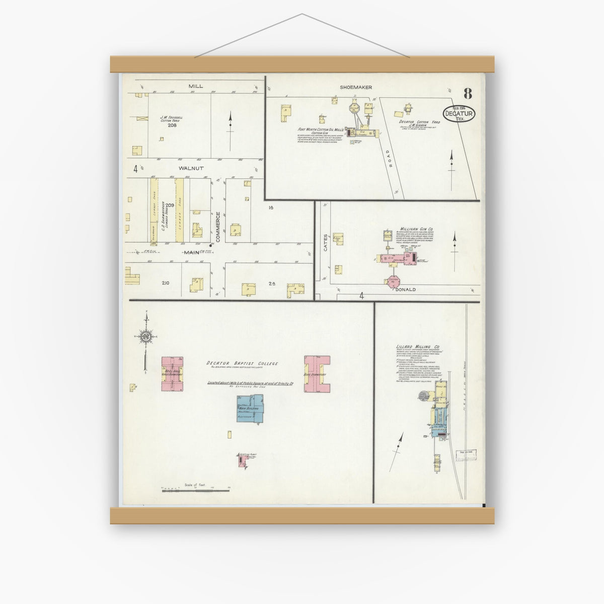 Old map wall art mockup — magnetic wood frame on white wall — Sanborn Fire Insurance Map from Decatur, Wise County, Texas (1914), Sheet #0008