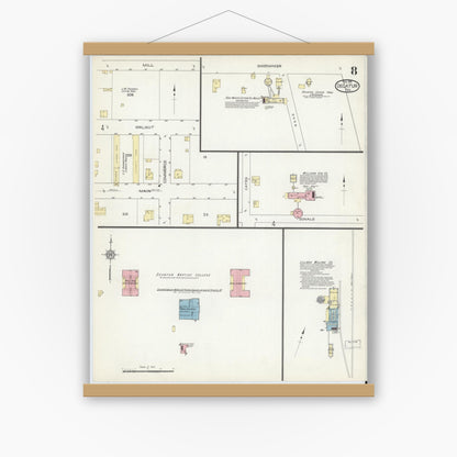 Old map wall art mockup — magnetic wood frame on white wall — Sanborn Fire Insurance Map from Decatur, Wise County, Texas (1914), Sheet #0008