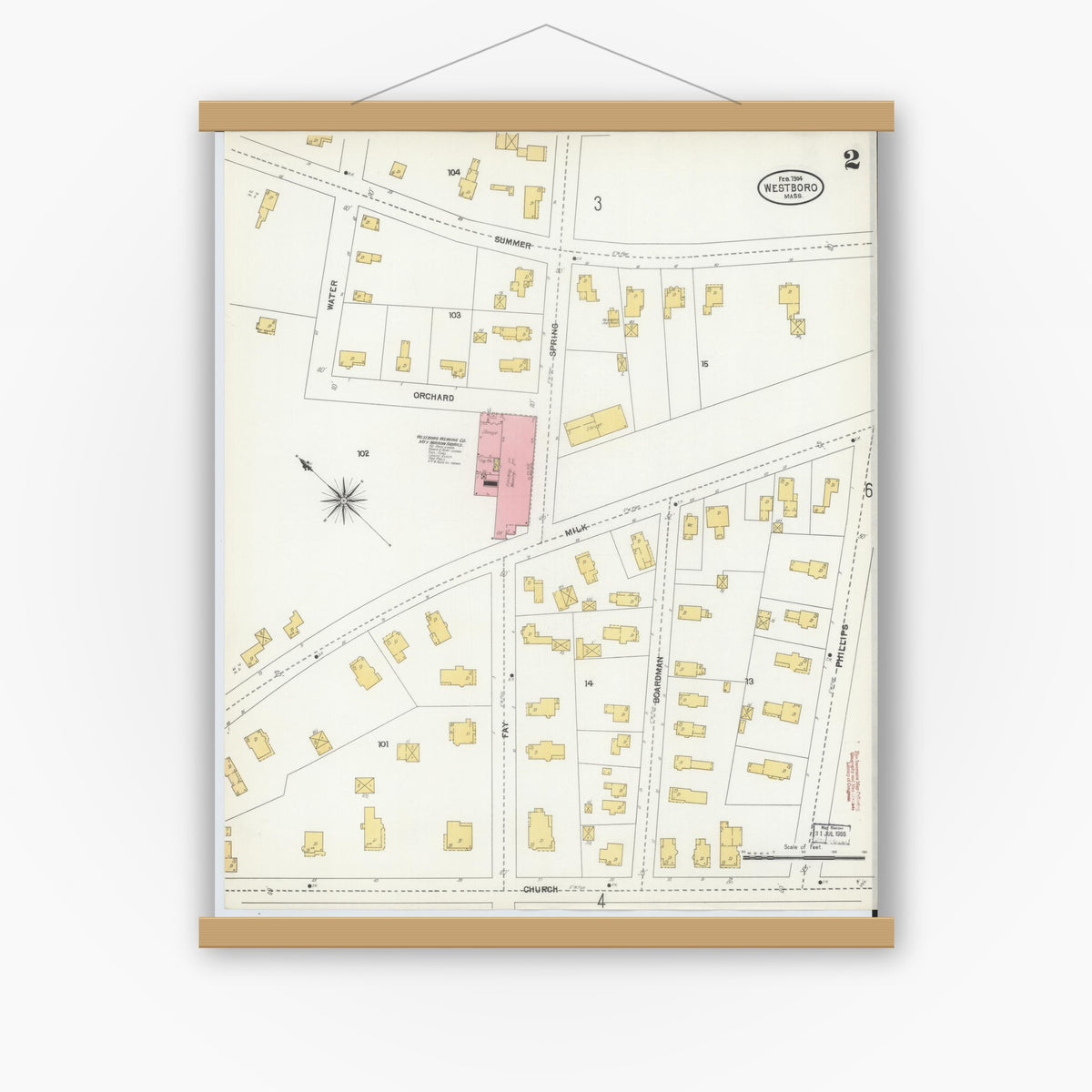 Old map wall art mockup — magnetic wood frame on white wall — Sanborn Fire Insurance Map from Westboro, Worcester County, Massachusetts (1904), Sheet #0002