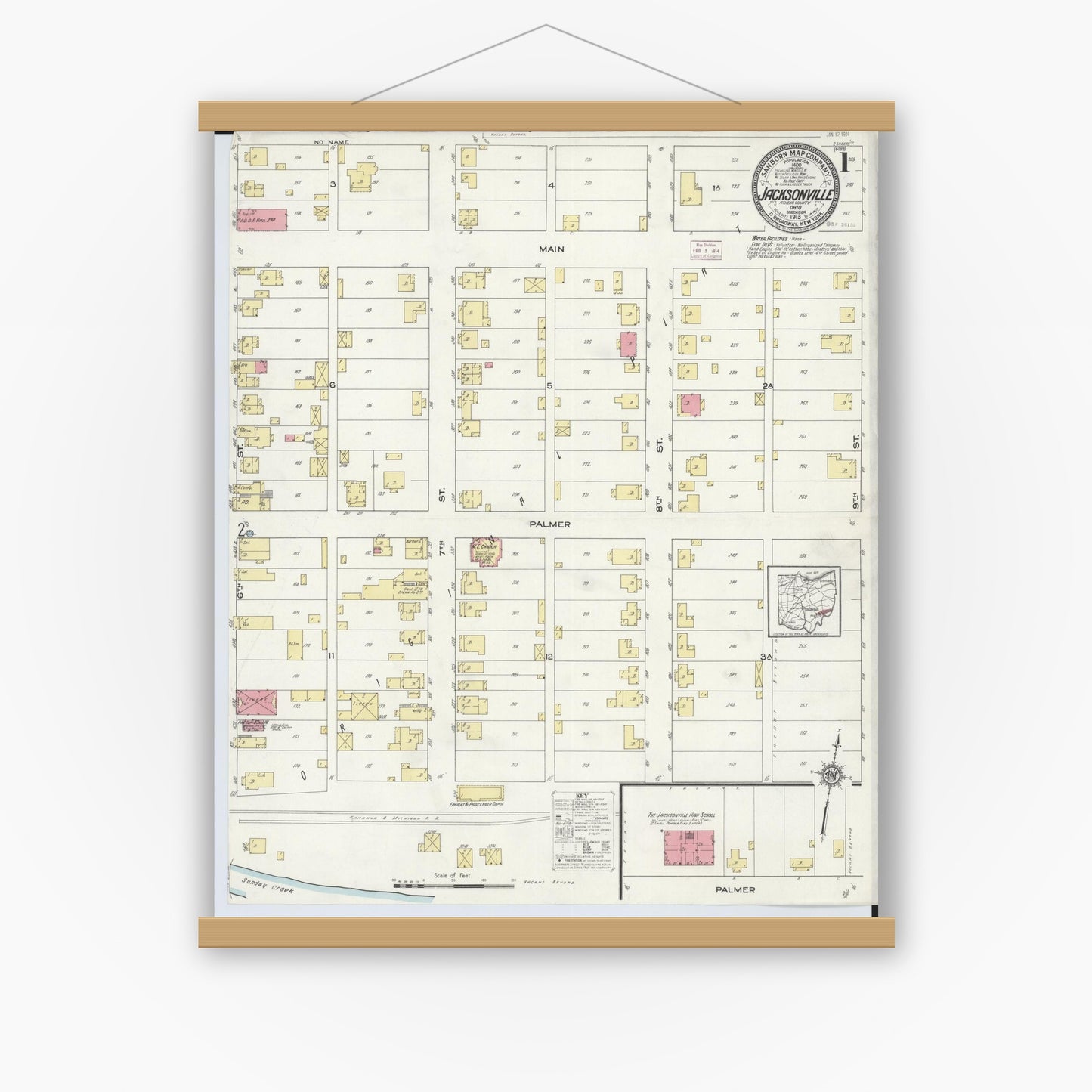 Old map wall art mockup — magnetic wood frame on white wall — Sanborn Fire Insurance Map from Jacksonville, Athens County, Ohio (1913), Sheet #0001
