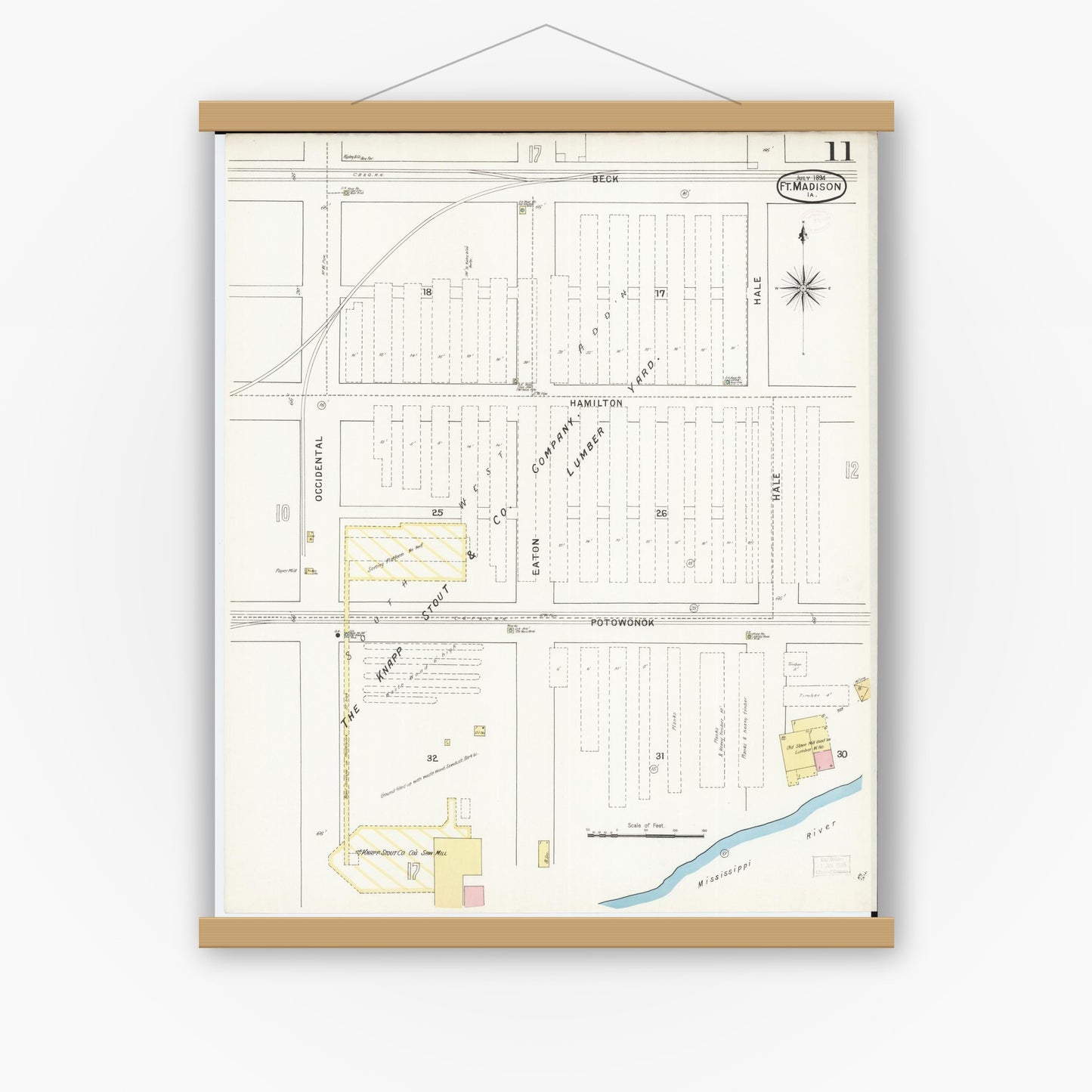 Old map wall art mockup — magnetic wood frame on white wall — Sanborn Fire Insurance Map from Fort Madison, Lee County, Iowa (1894), Sheet #0011