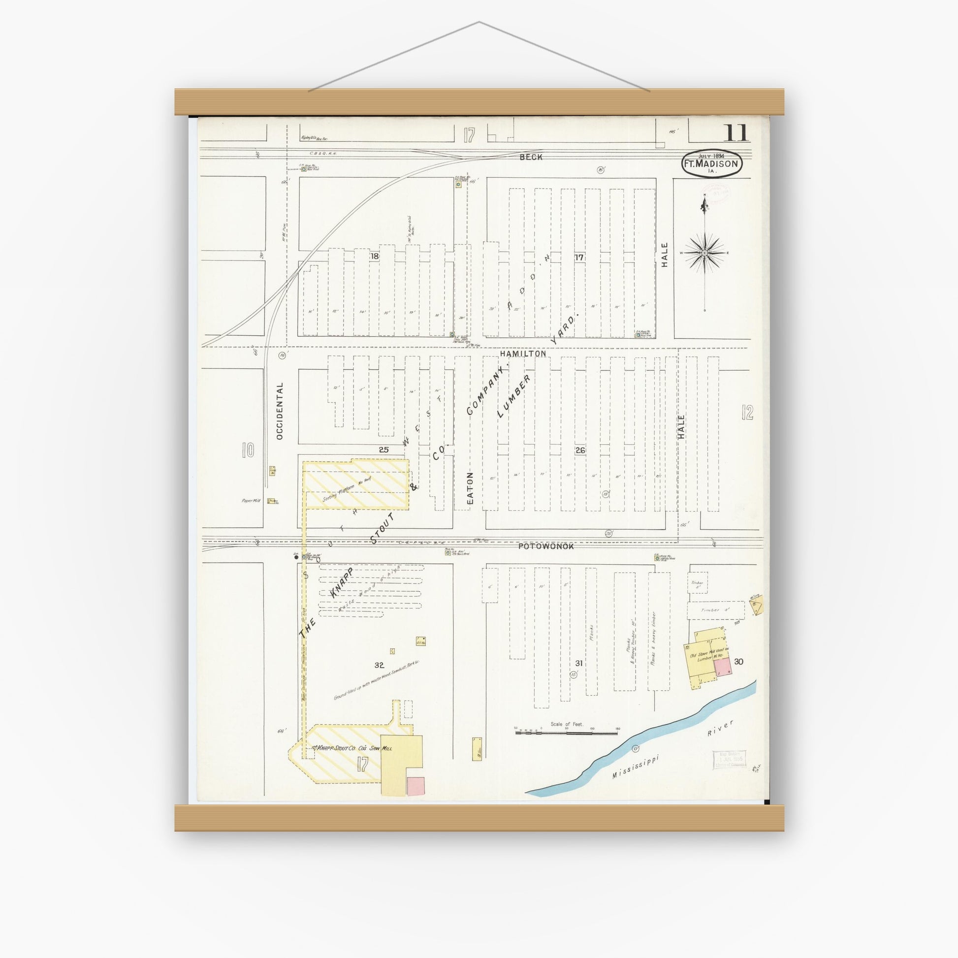 Old map wall art mockup — magnetic wood frame on white wall — Sanborn Fire Insurance Map from Fort Madison, Lee County, Iowa (1894), Sheet #0011