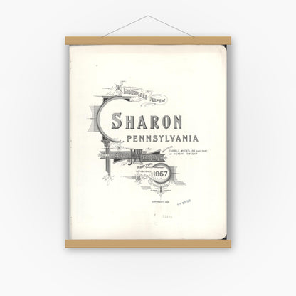 Old map wall art mockup — magnetic wood frame on white wall — Sanborn Fire Insurance Map from Sharon, Mercer County, Pennsylvania (1958), Sheet #0001