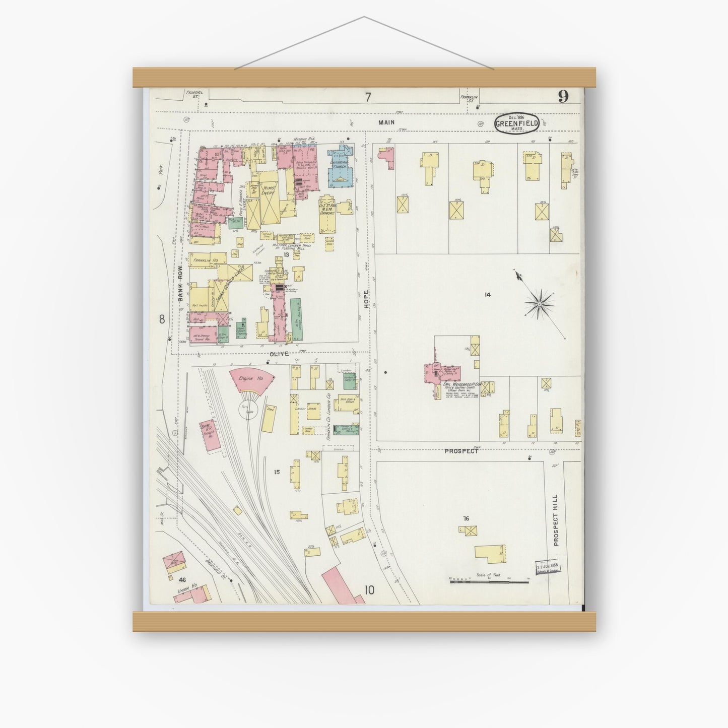 Old map wall art mockup — magnetic wood frame on white wall — Sanborn Fire Insurance Map from Greenfield, Franklin County, Massachusetts (1896), Sheet #0009