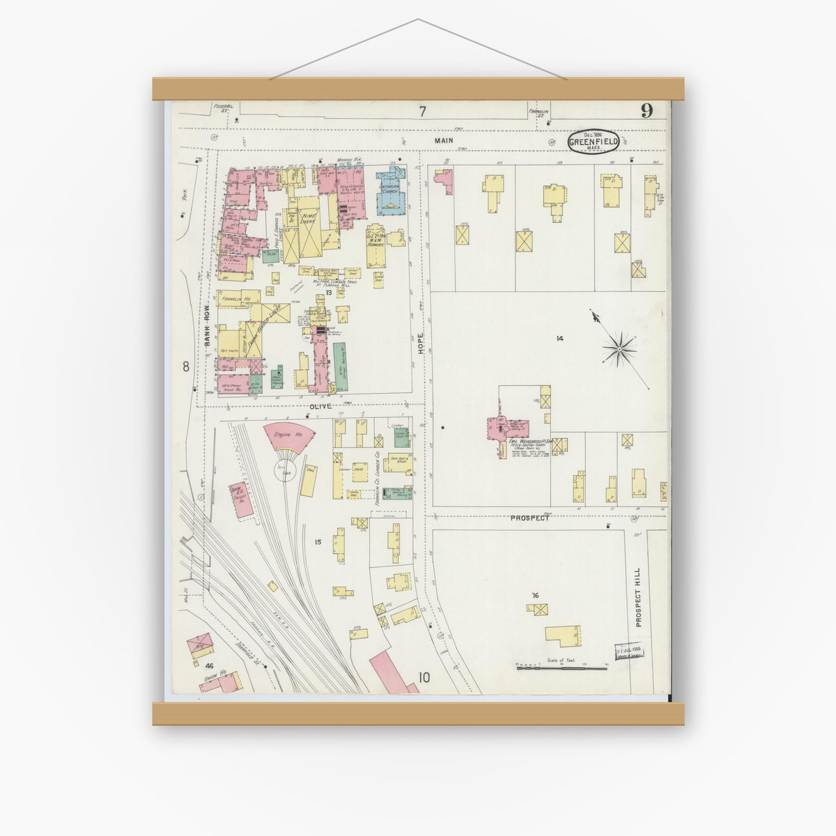 Old map wall art mockup — magnetic wood frame on white wall — Sanborn Fire Insurance Map from Greenfield, Franklin County, Massachusetts (1896), Sheet #0009