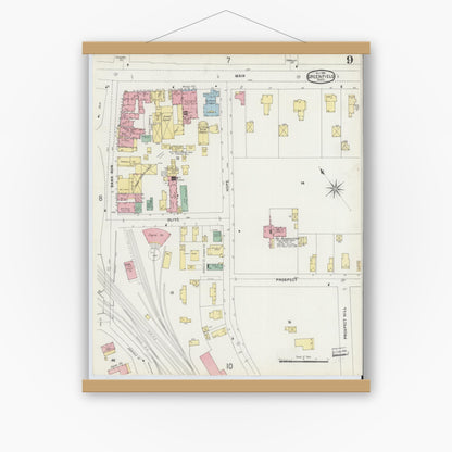 Old map wall art mockup — magnetic wood frame on white wall — Sanborn Fire Insurance Map from Greenfield, Franklin County, Massachusetts (1896), Sheet #0009