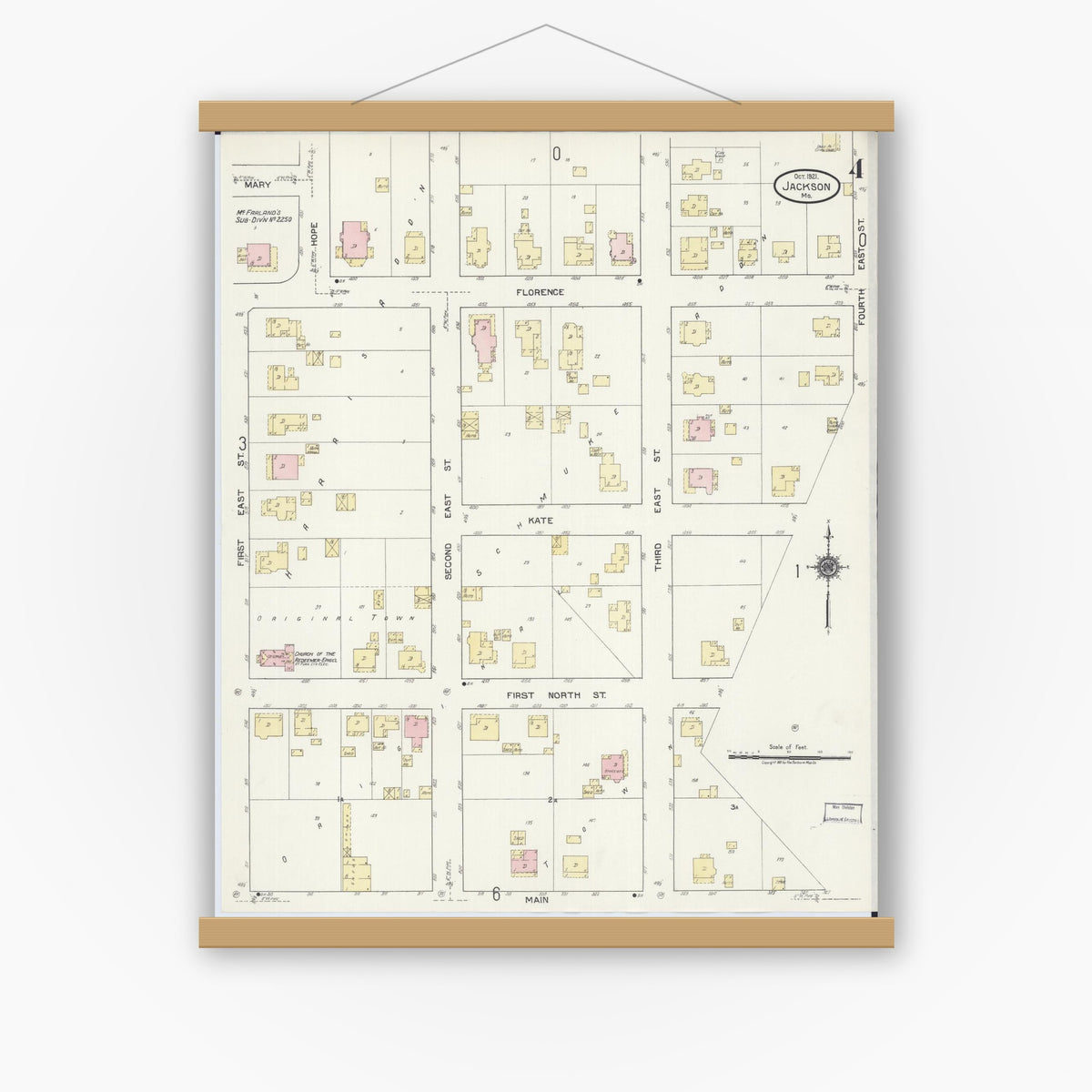 Old map wall art mockup — magnetic wood frame on white wall — Sanborn Fire Insurance Map from Jackson, Cape Girardeau County, Missouri (1921), Sheet #0004
