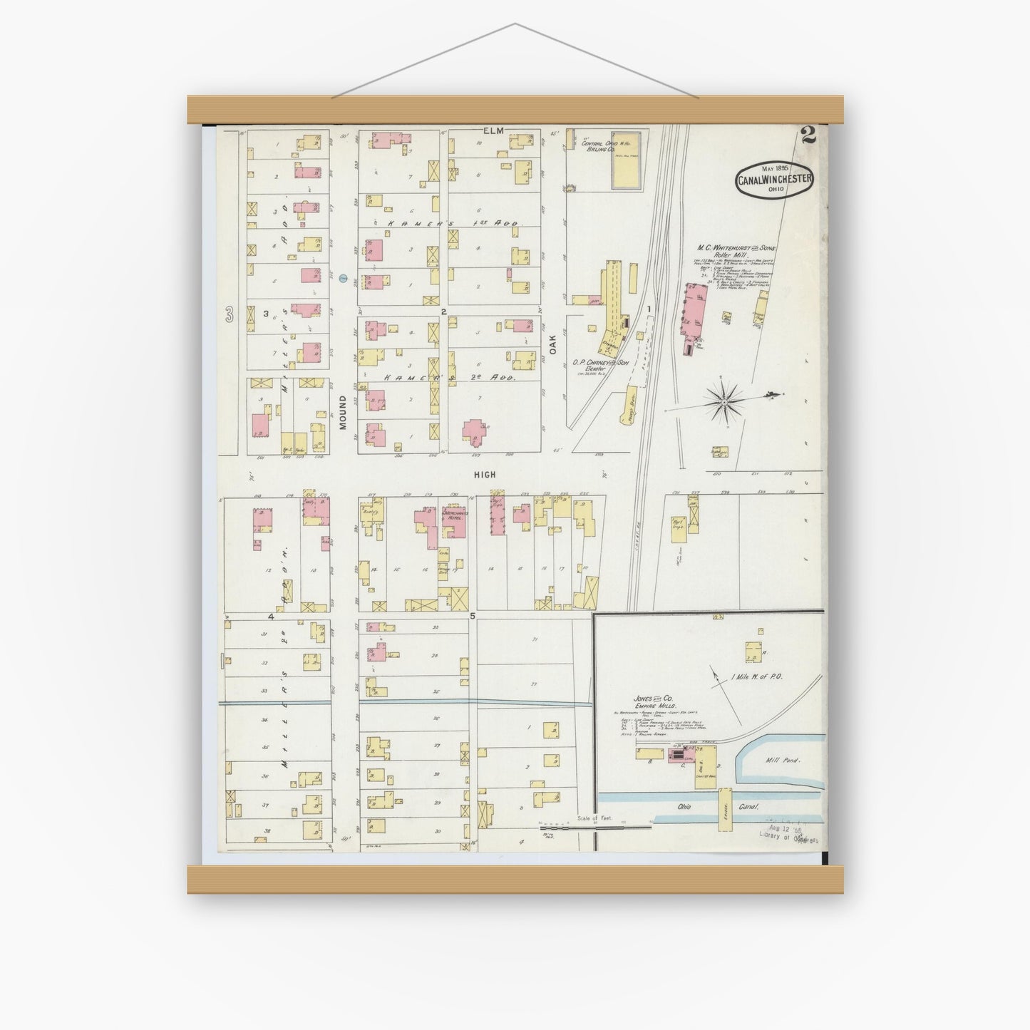 Old map wall art mockup — magnetic wood frame on white wall — Sanborn Fire Insurance Map from Canal Winchester, Franklin County, Ohio (1895), Sheet #0002